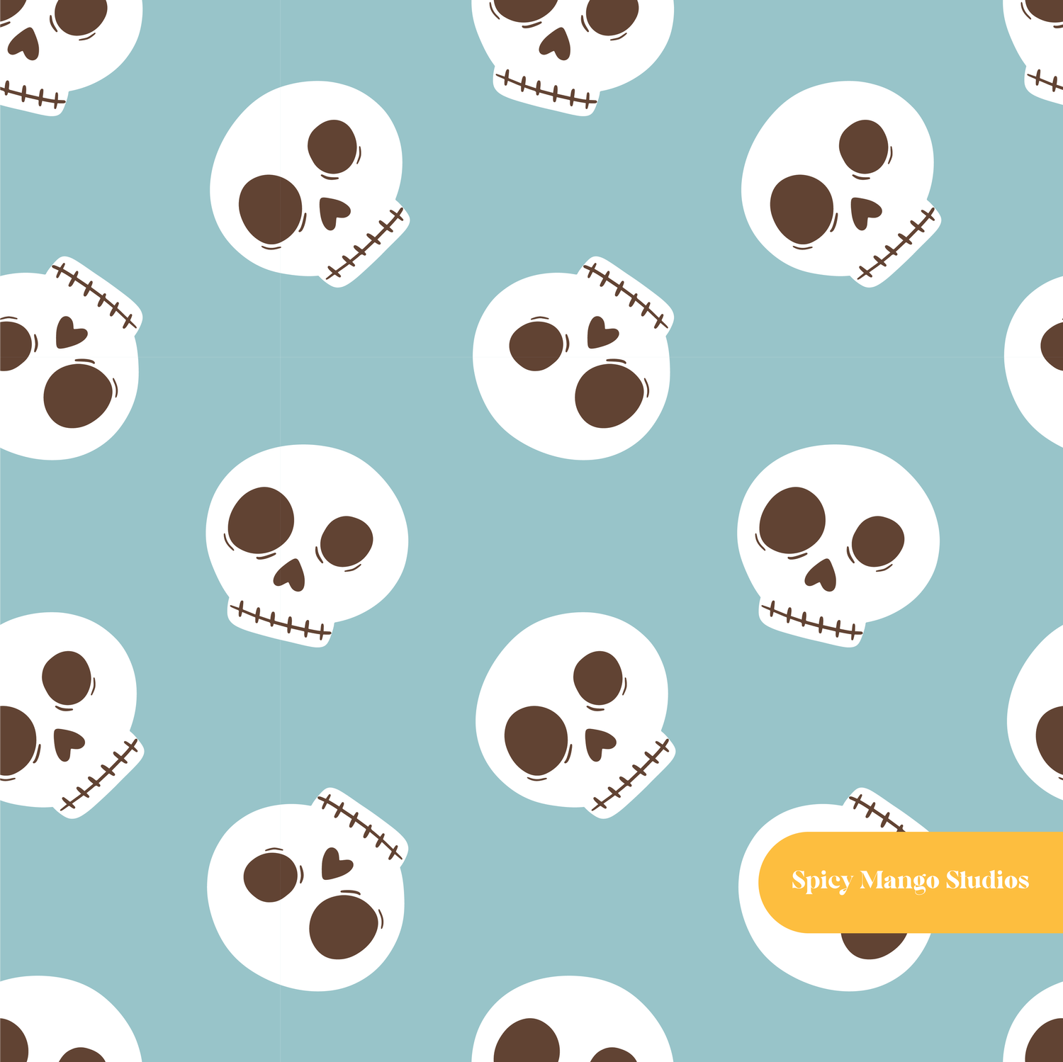 Stoney Blue Spooky Skull Seamless Pattern