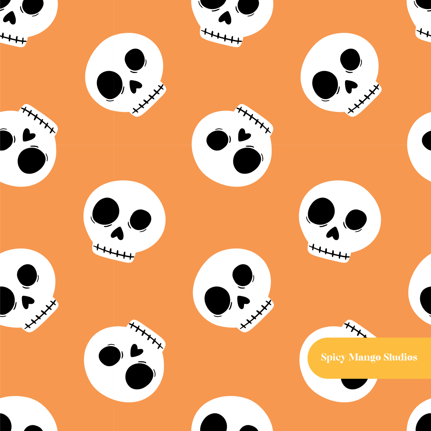 Orange Spooky Skull Halloween Seamless Pattern