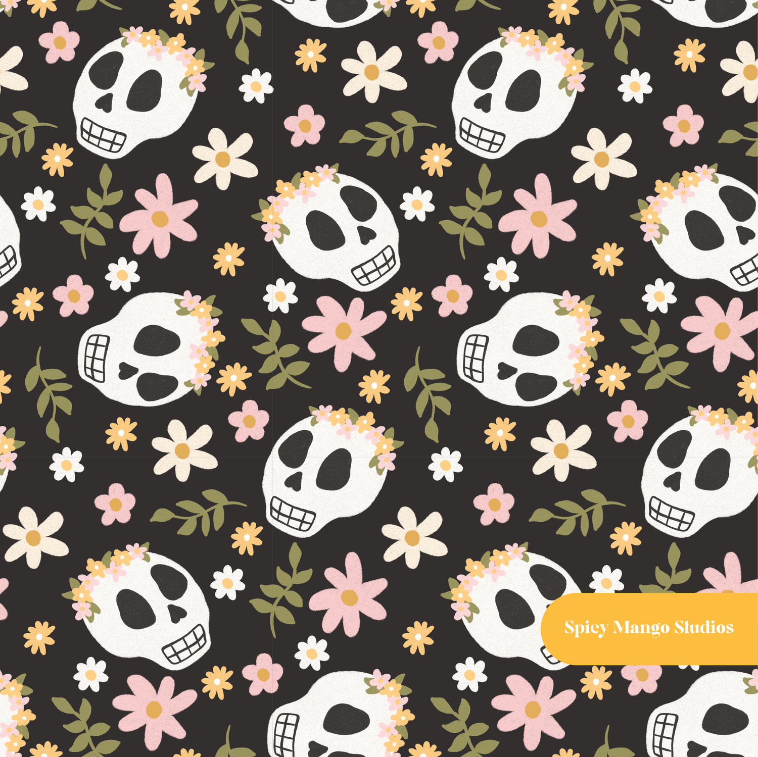 Black Spooky Vibes Skeleton Seamless Pattern