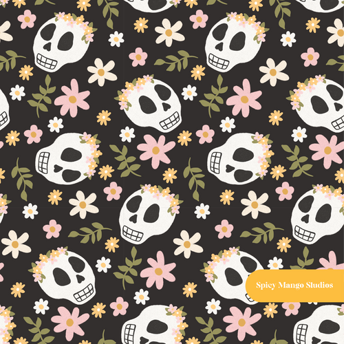 Black Spooky Vibes Skeleton Seamless Pattern