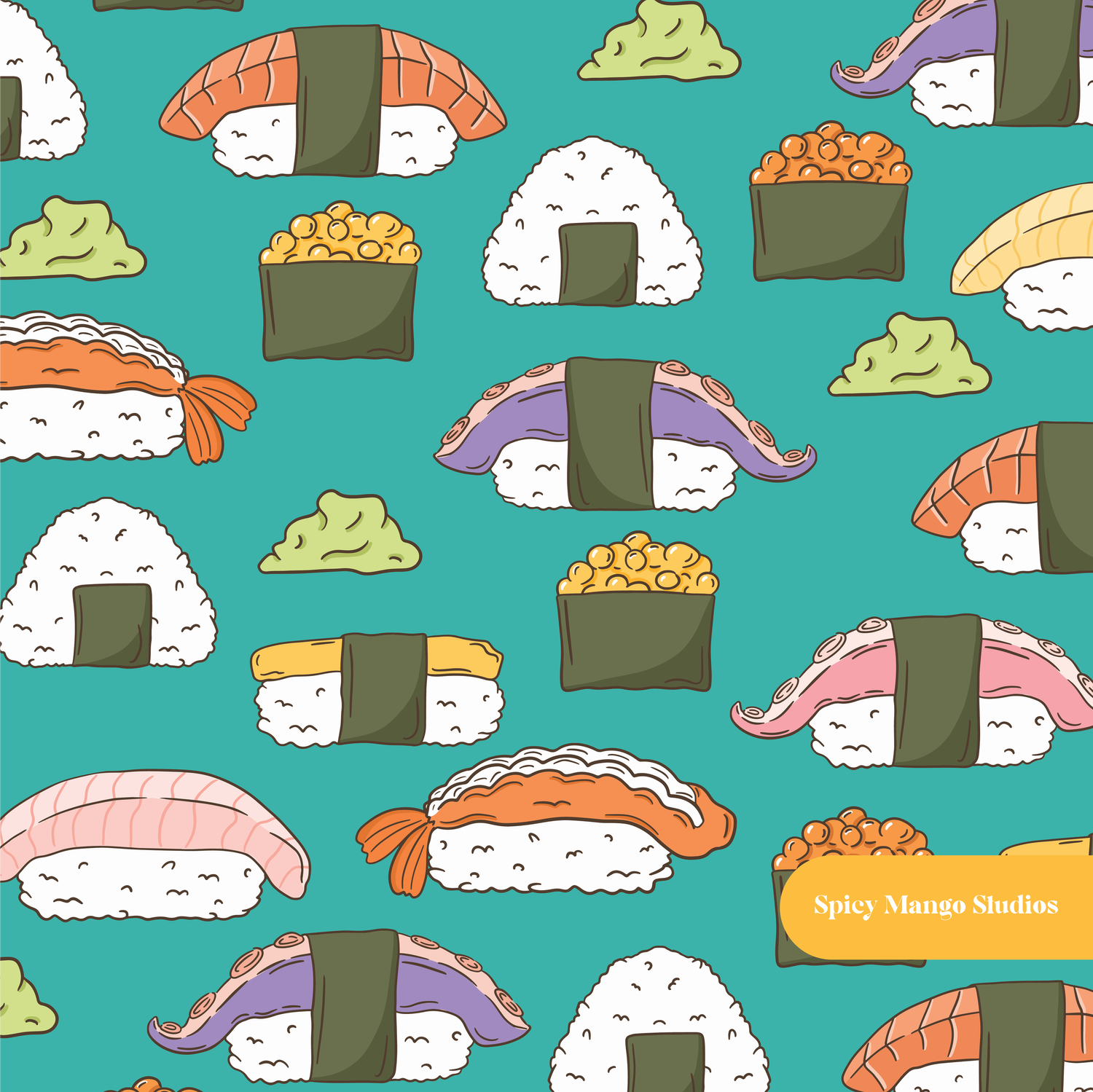 Aqua Sushi Time Seamless Pattern – Sushi Party & Foodie Theme Digital Download