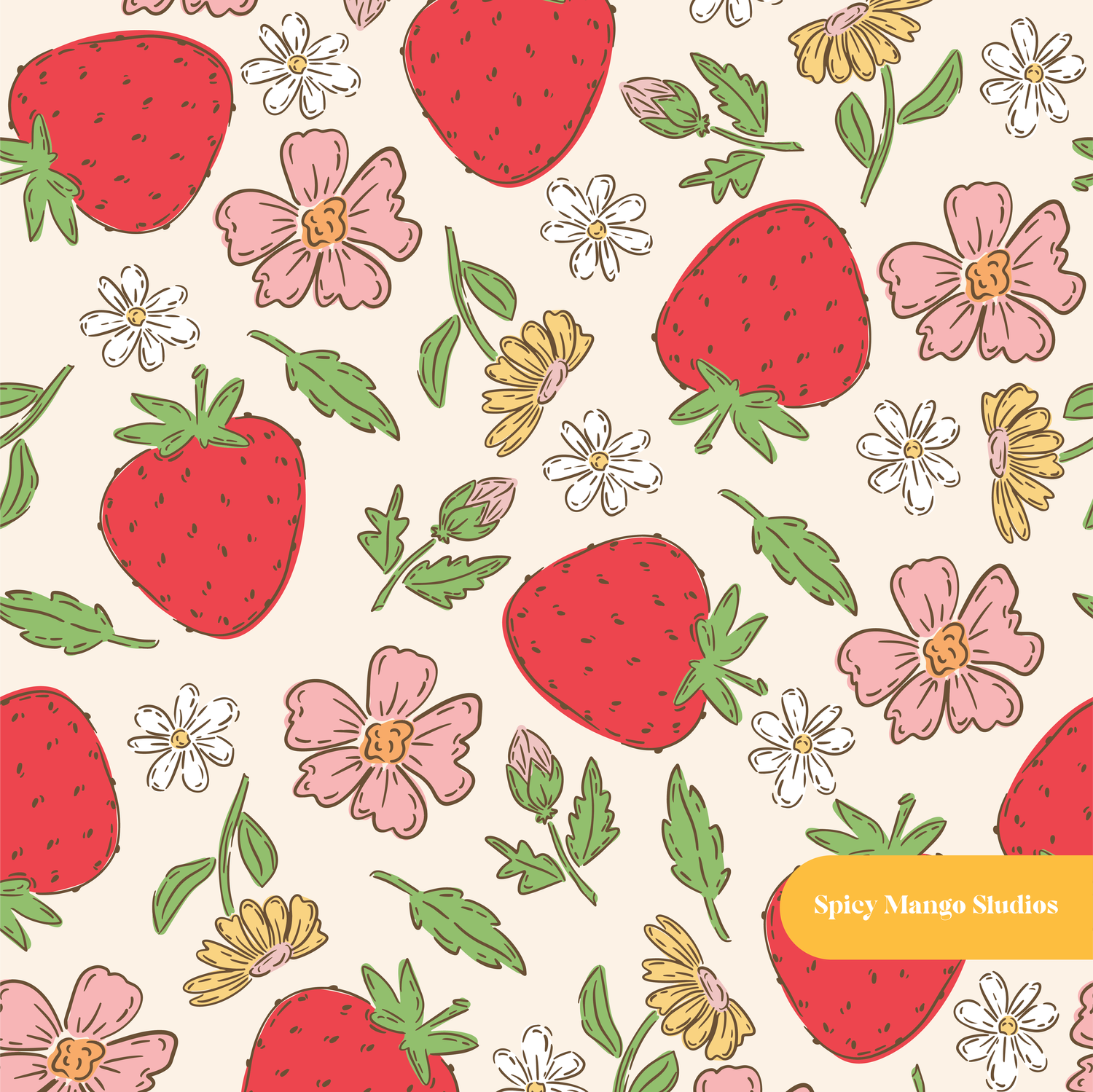Neutral Strawberry Floral Seamless Pattern