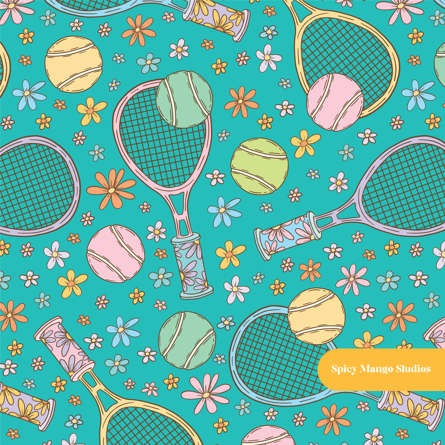 Aqua Tennis Floral Seamless Pattern