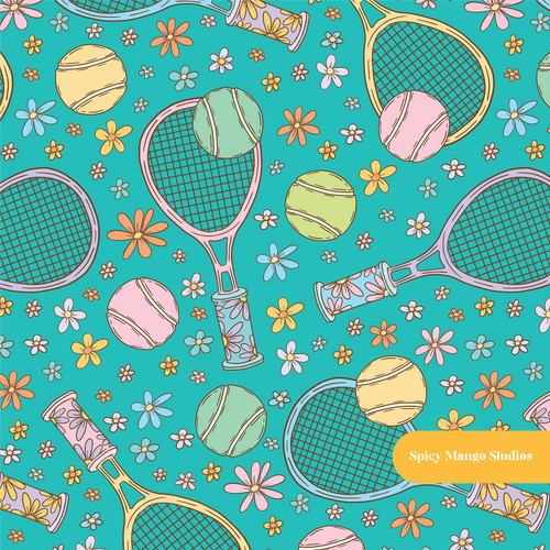 Aqua Tennis Floral Seamless Pattern