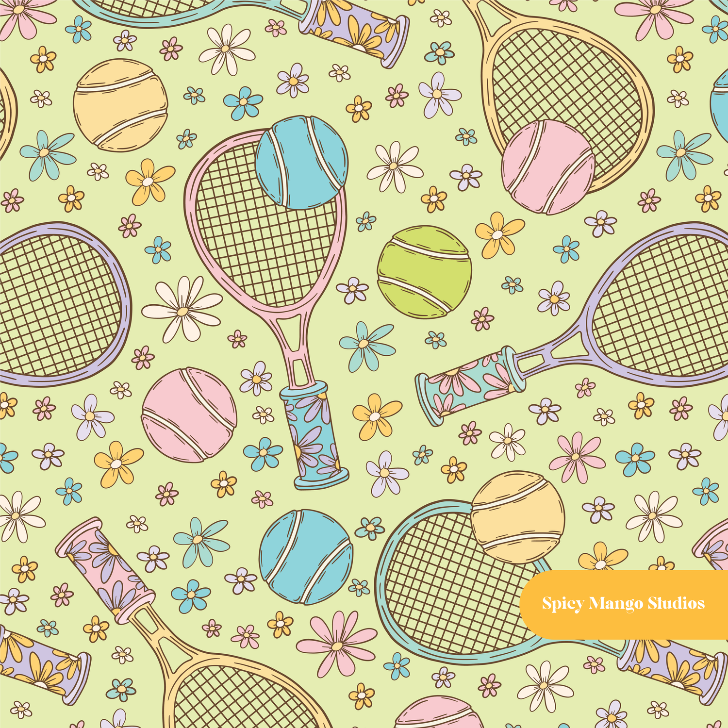 Green Tennis Floral Seamless Pattern