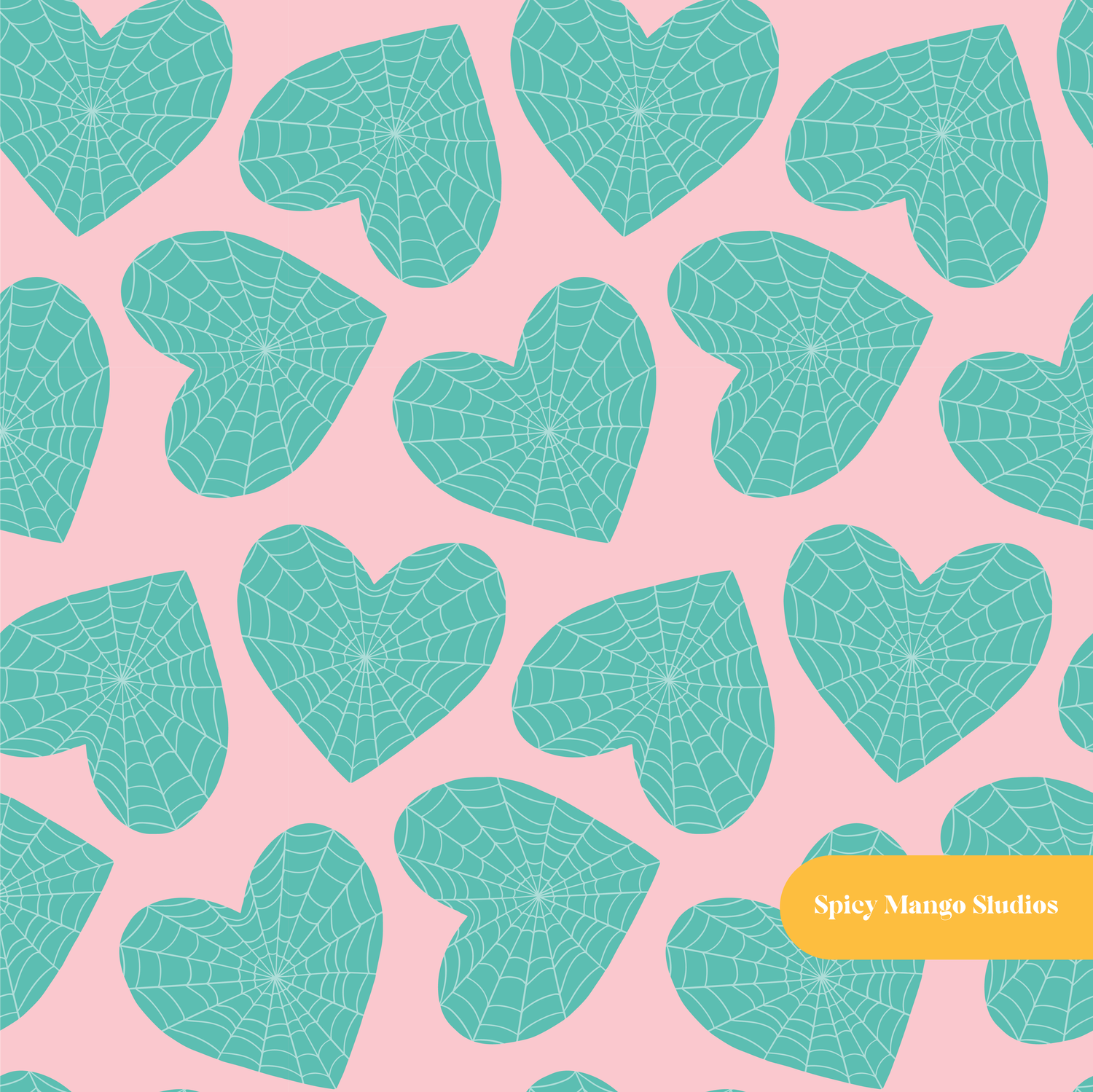 Pink and Teal Web Hearts Seamless Pattern
