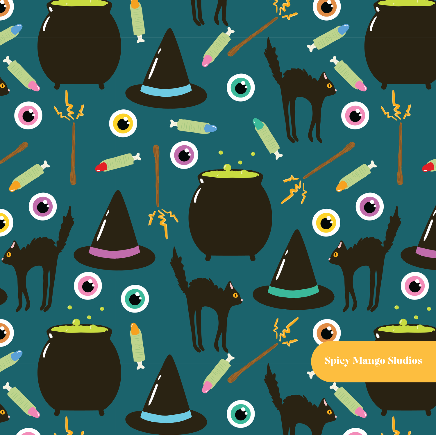 Dark Teal Witchy Halloween Seamless Pattern
