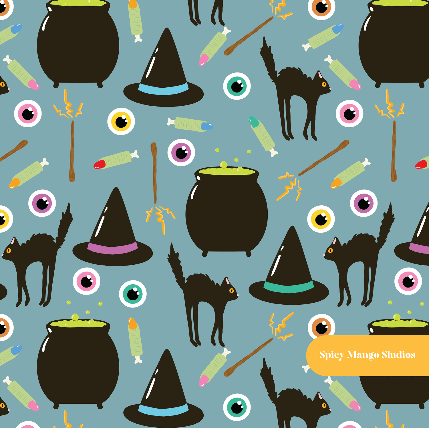 Stone Blue Witchy Halloween Seamless Surface Pattern