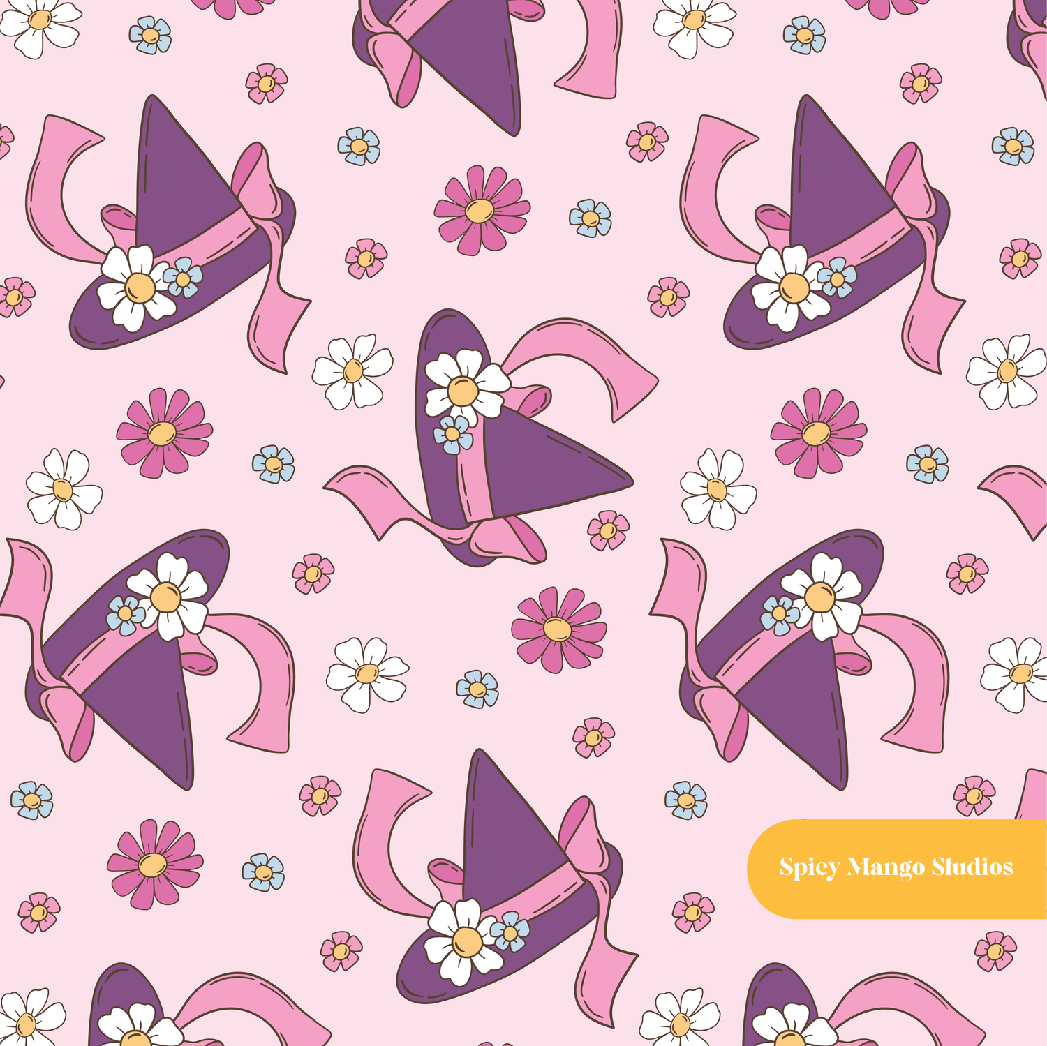 Pink Witches Hat Floral Seamless Pattern