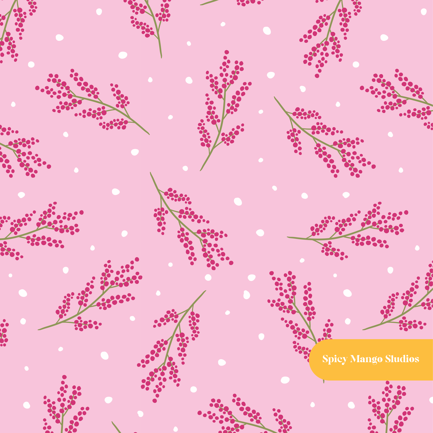 Pink Winter Holly Seamless Pattern – Christmas & Holiday Décor Digital Download