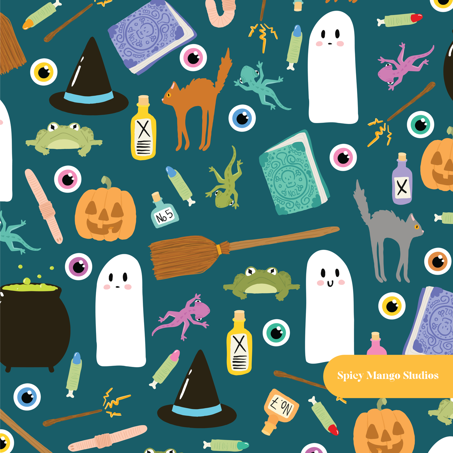 Dark Teal Witchy Kit Seamless Pattern
