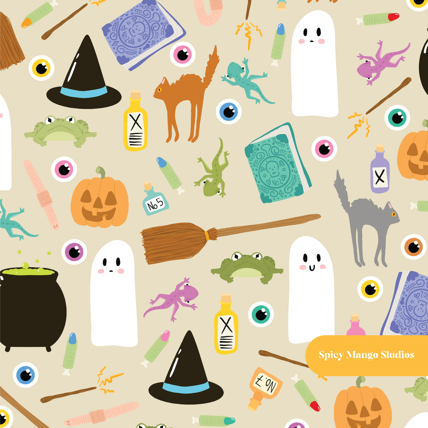 Tan Witchy Kit Halloween Seamless Surface Pattern