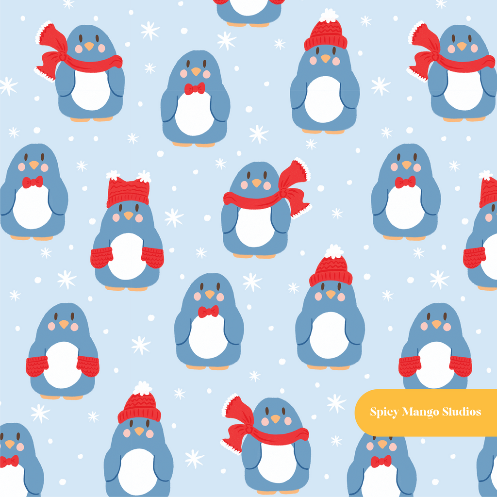 Blue Winter Penguins Seamless Pattern