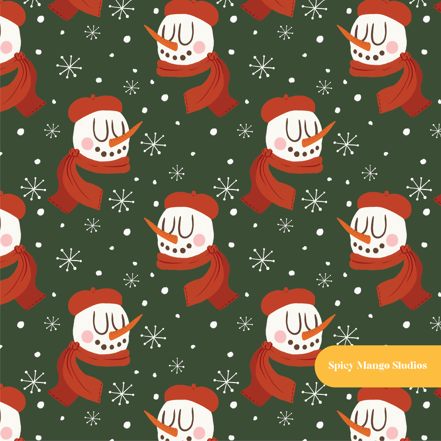 Dark Green Winter Snowman Seamless Pattern