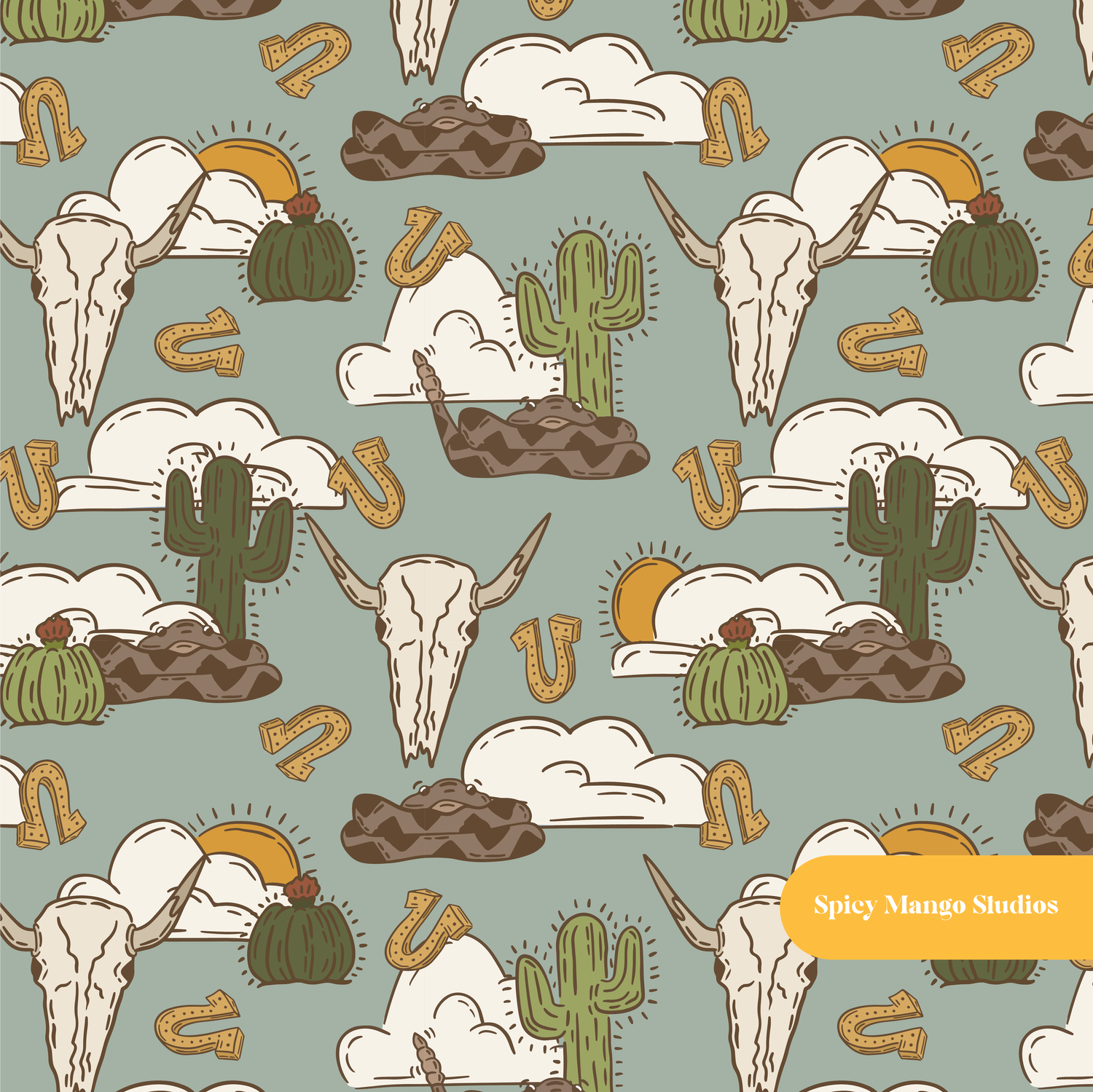 Desert Green Western Vibes Seamless Pattern