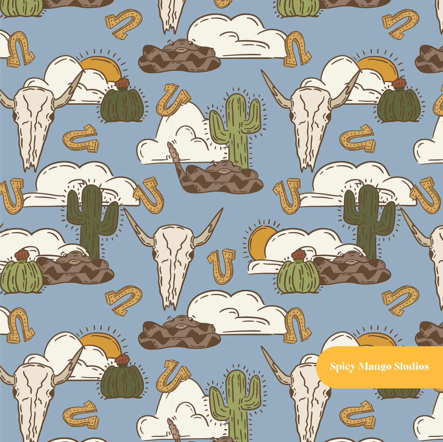 Stone Blue Western Vibes Seamless Pattern