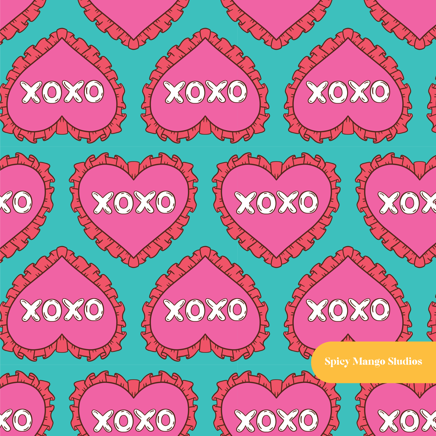 Teal XOXO Ruffled Hearts Valentine's Seamless Pattern