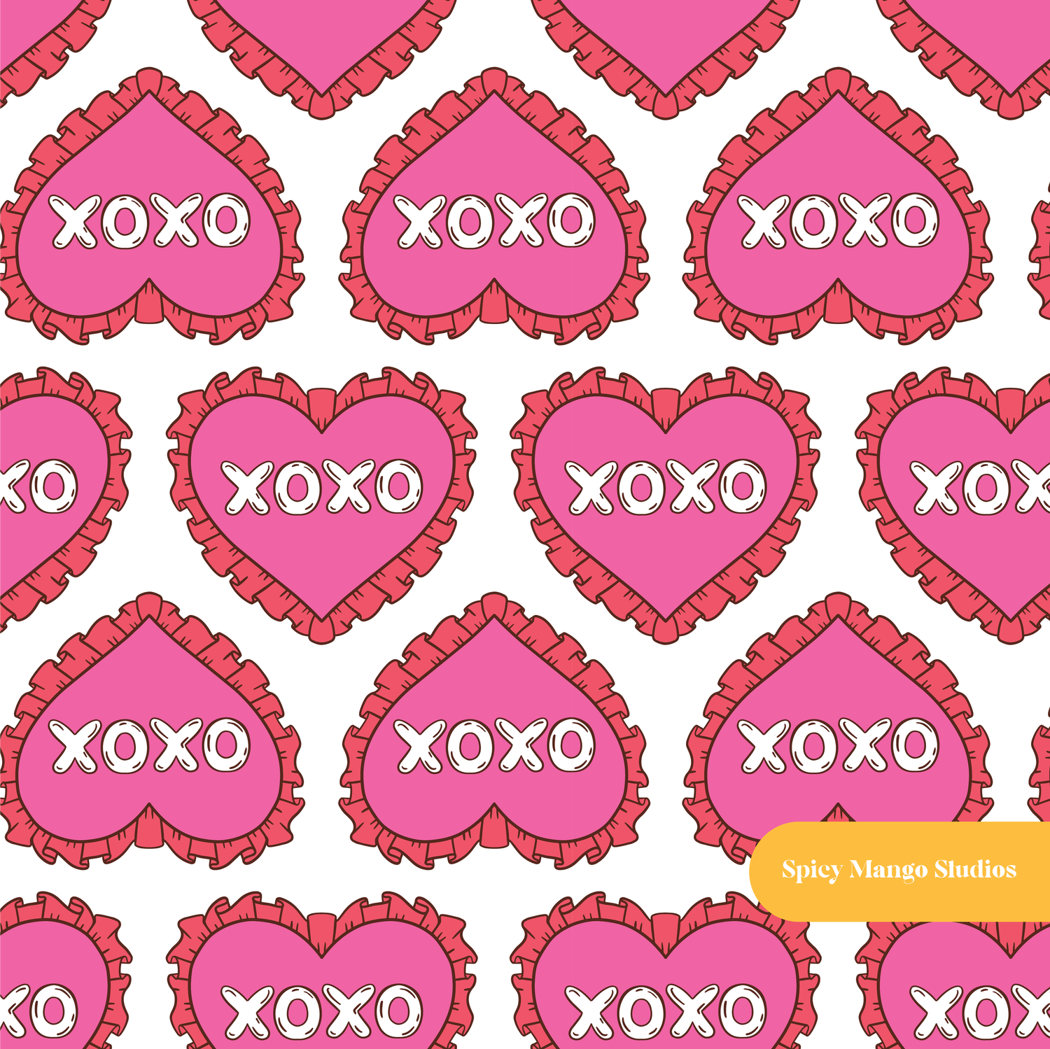 White XOXO Ruffled Hearts Valentine's Seamless Pattern