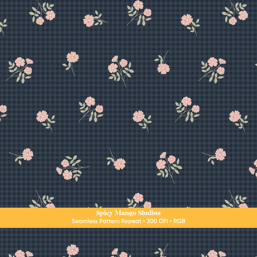 Navy Fall Floral Gingham Seamless Pattern