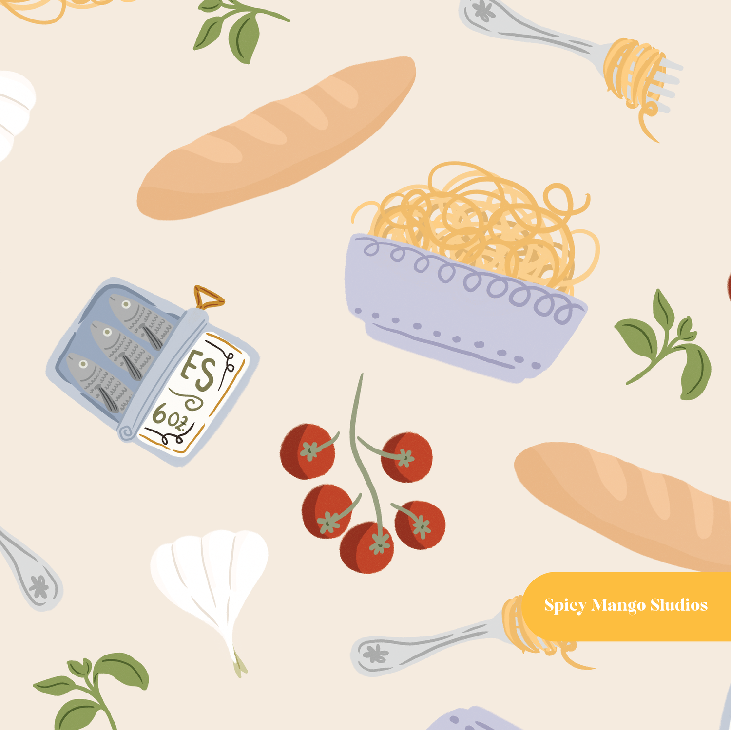 Neutral Pasta Summer Seamless Pattern – Italian Party & Kitchen Digital Download