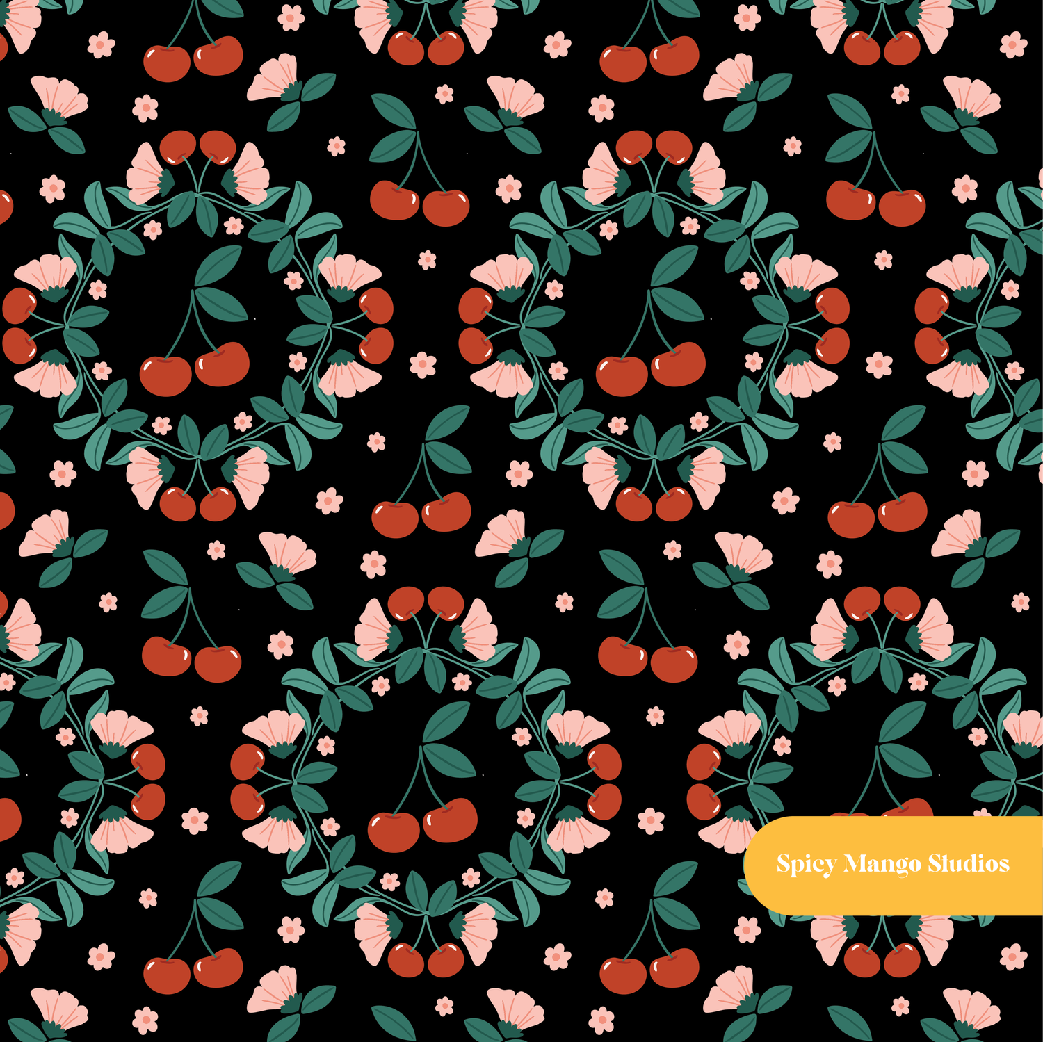 Black and Red Andina Cherry Floral Seamless Pattern