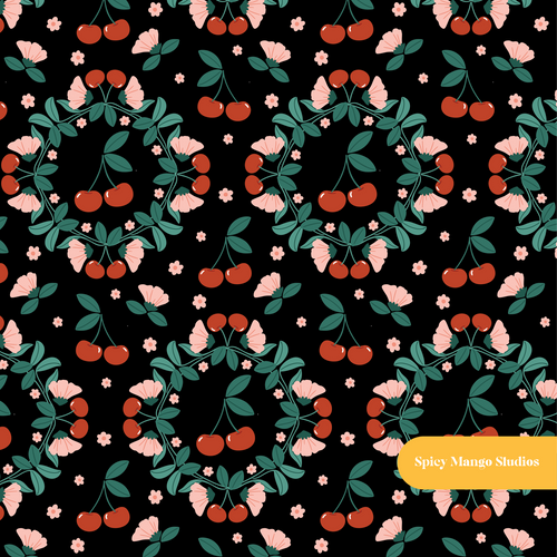 Black and Red Andina Cherry Floral Seamless Pattern