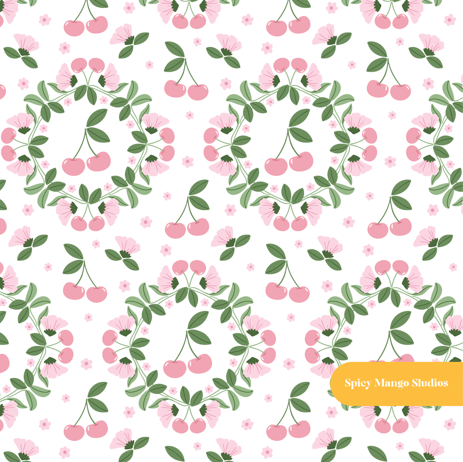 White and Pink Andina Cherry Floral Seamless Pattern
