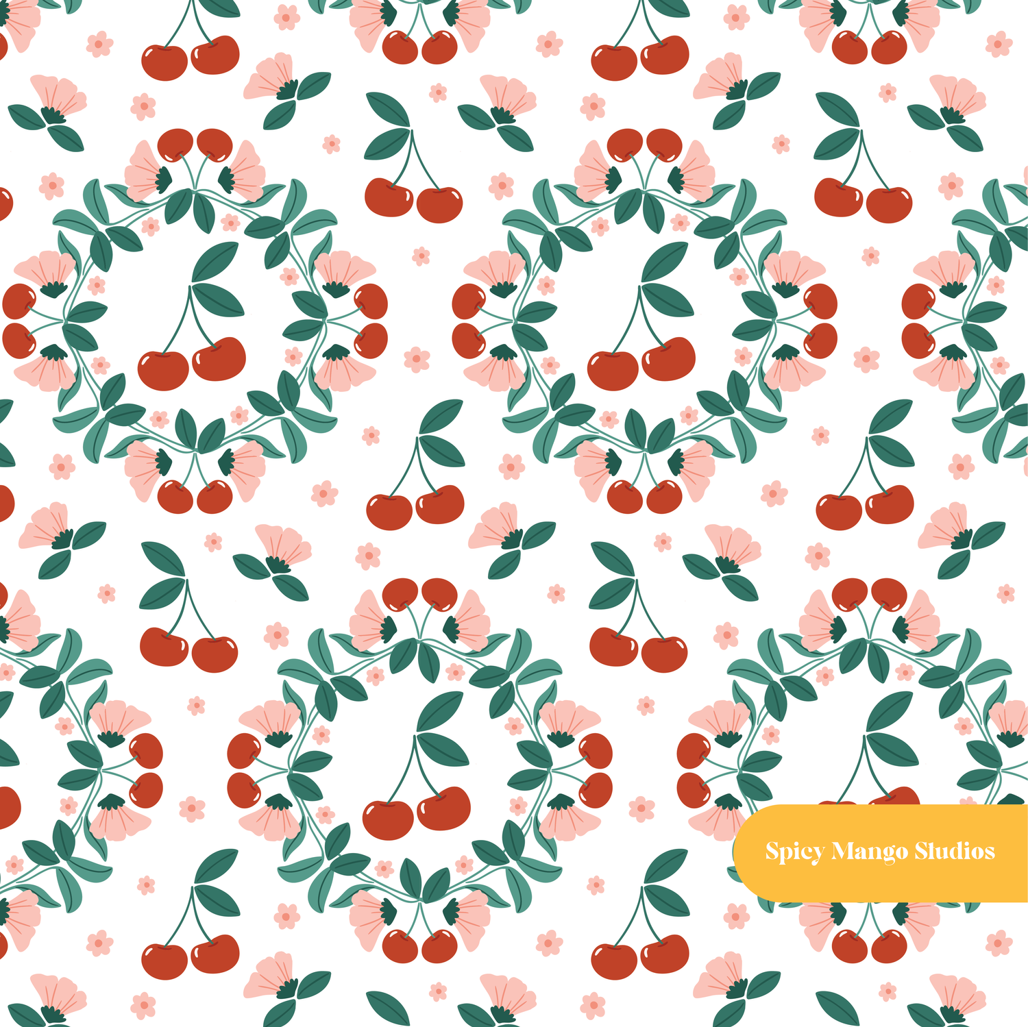 White and Red Andina Cherry Floral Seamless Pattern