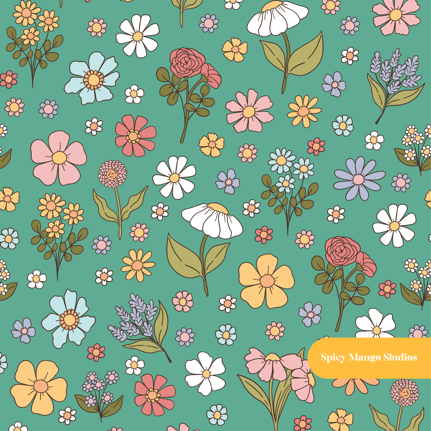 Green Autumn Floral Seamless Pattern