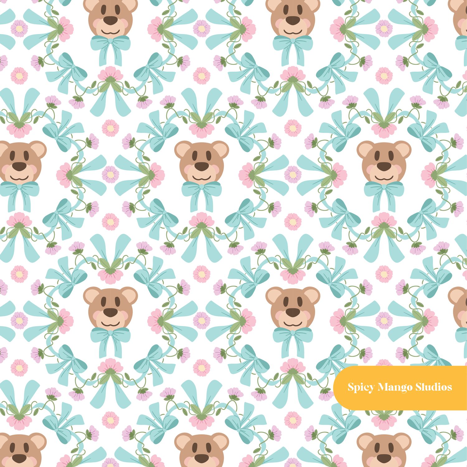 White and Aqua Bear Bow Floral Seamless Pattern