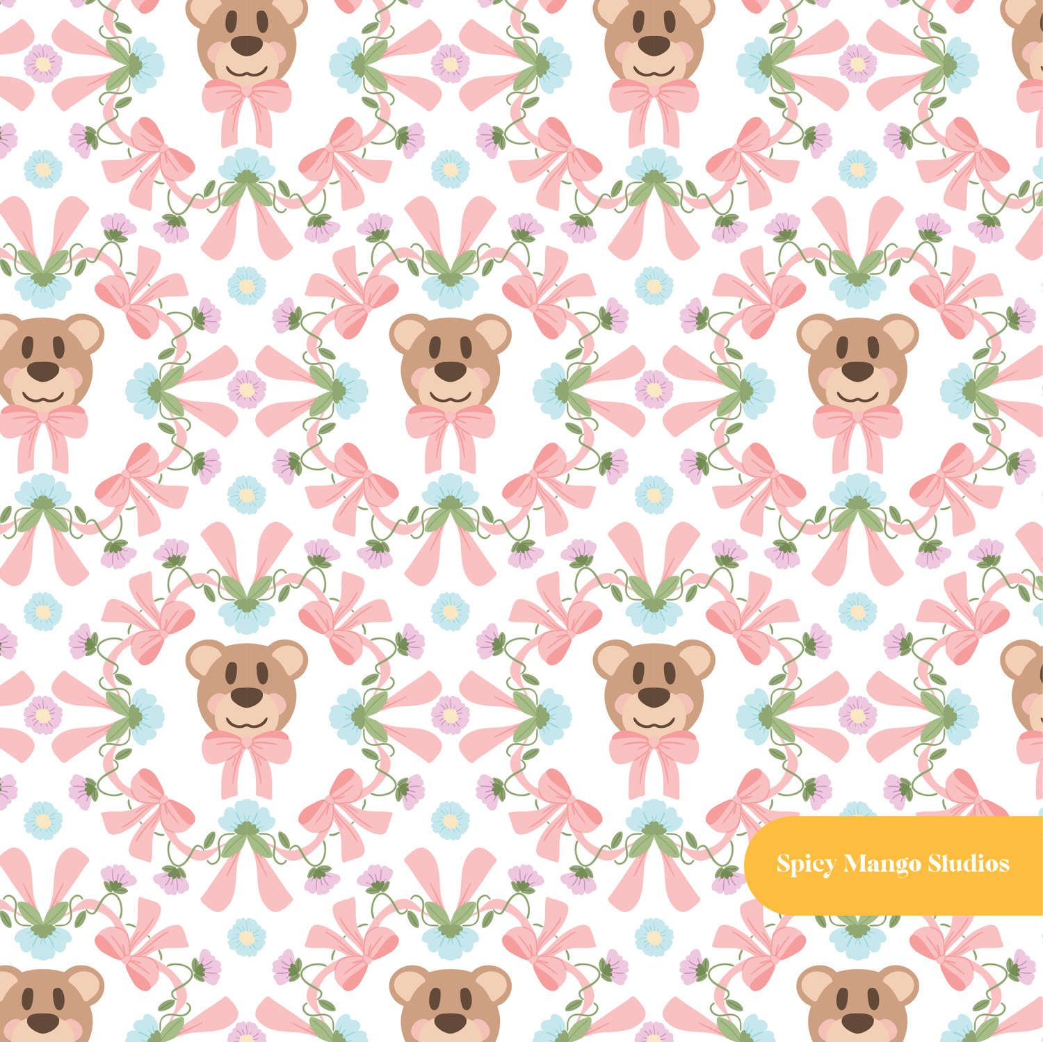 White and Pink Bear Bow Floral Seamless Pattern