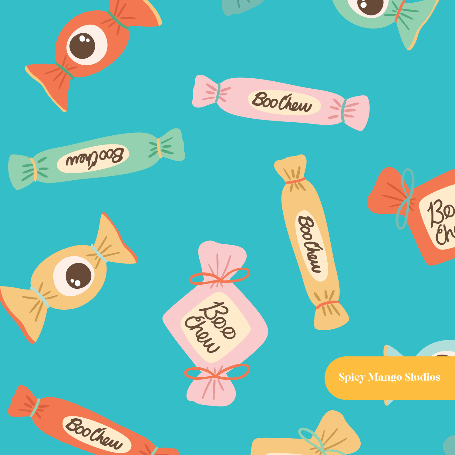 Aqua Boo Chew Halloween Seamless Pattern