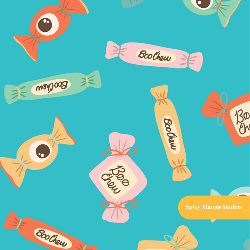 Aqua Boo Chew Halloween Seamless Pattern