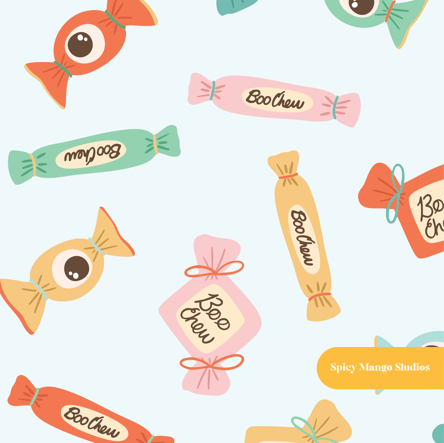 Light Blue Boo Chew Halloween Seamless Pattern