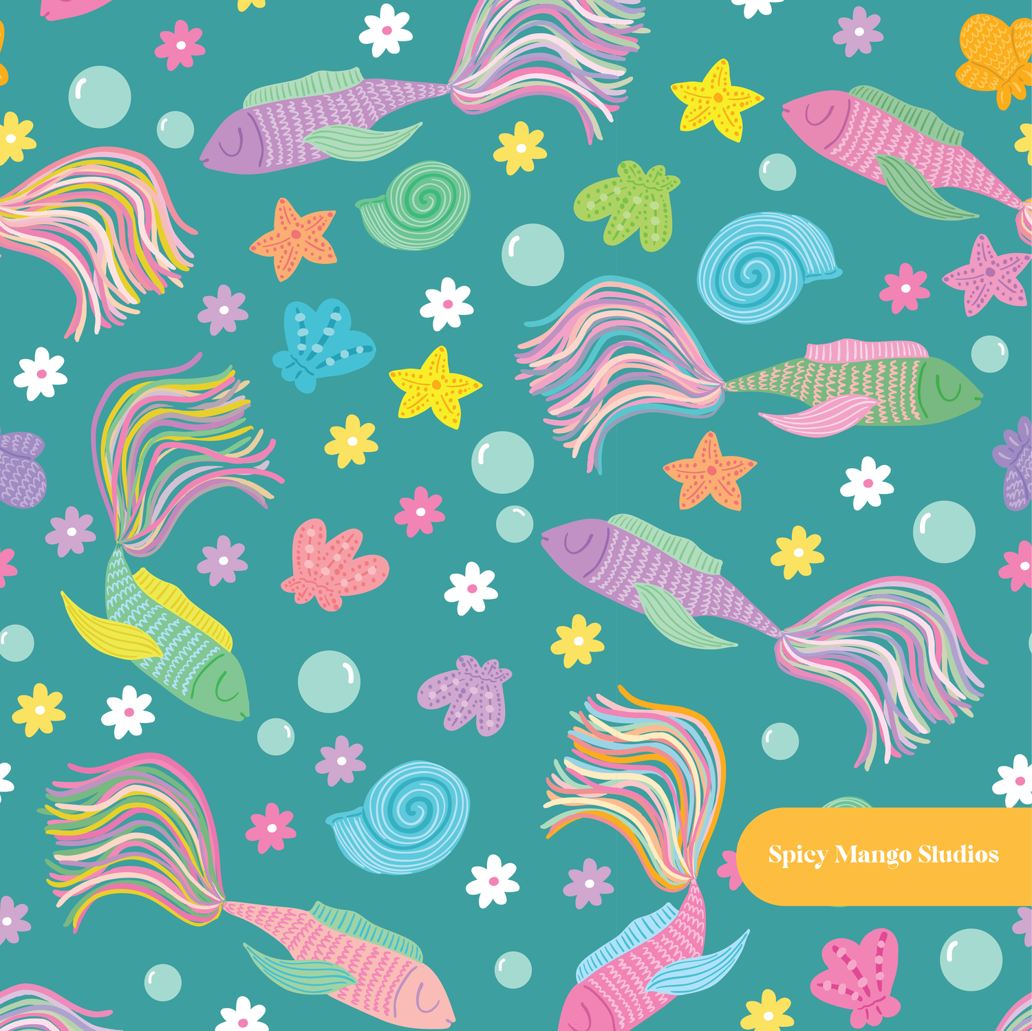 Teal Beta Fish Seamless Pattern