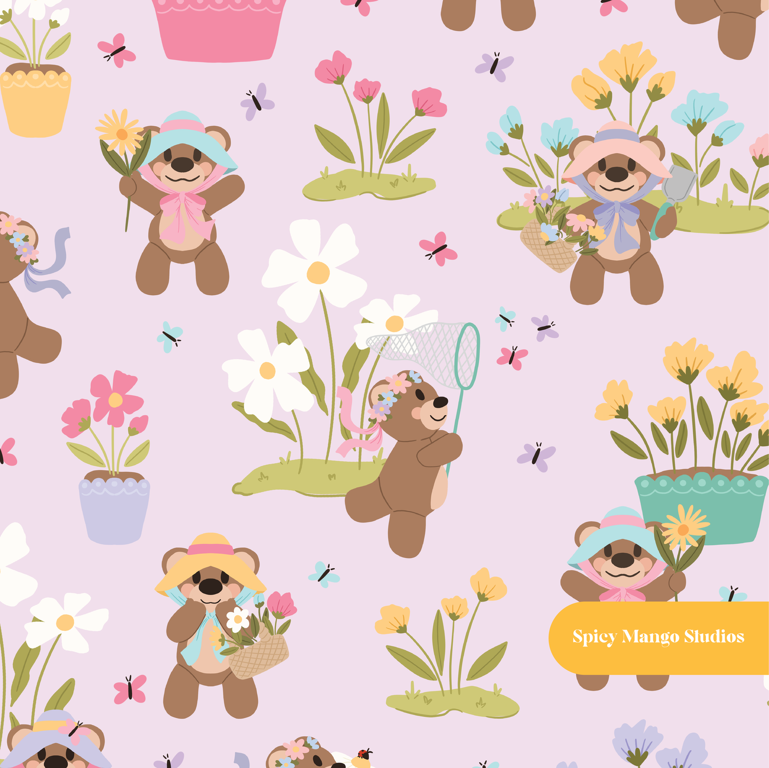 Lavender Bear Garden Floral Seamless Pattern