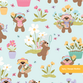 Pastel Aqua Bear Garden Floral Seamless Pattern