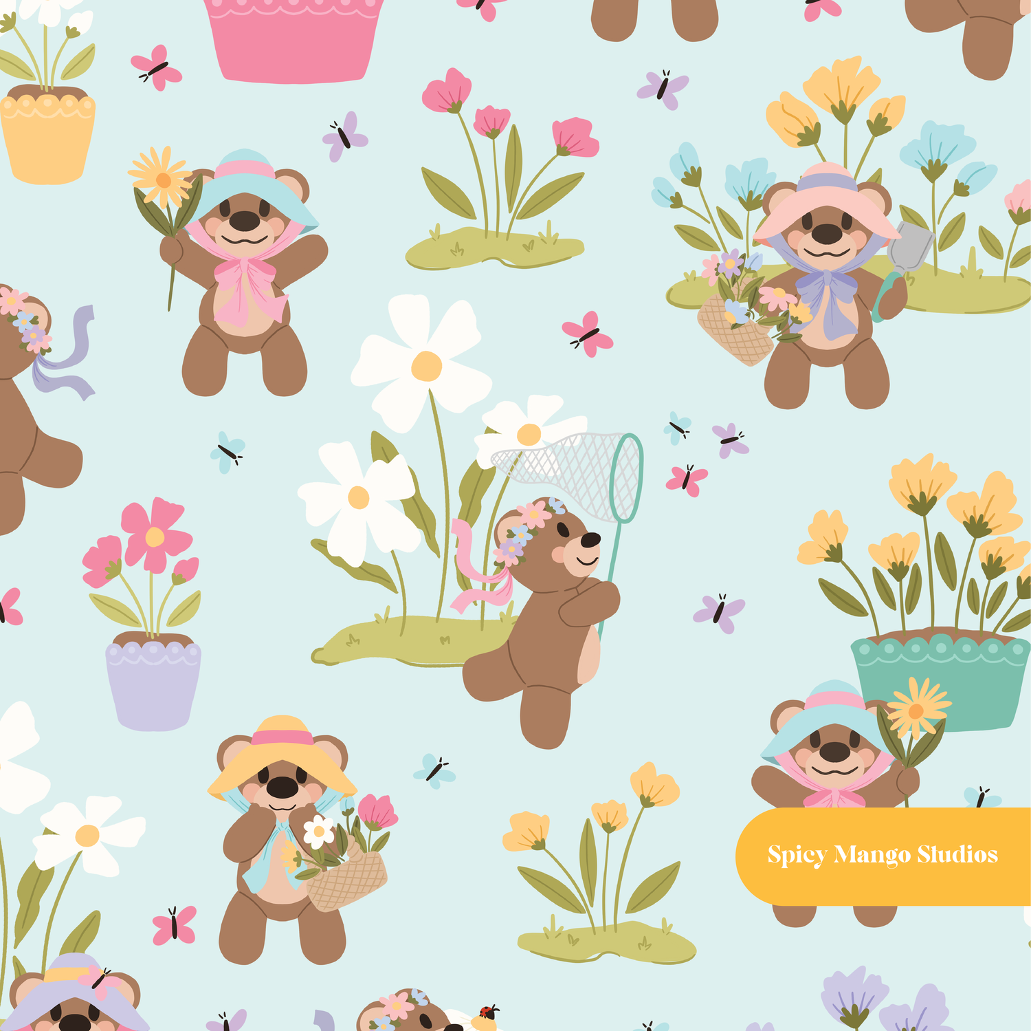Pastel Aqua Bear Garden Floral Seamless Pattern