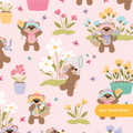 Pink Bear Garden Floral Seamless Pattern