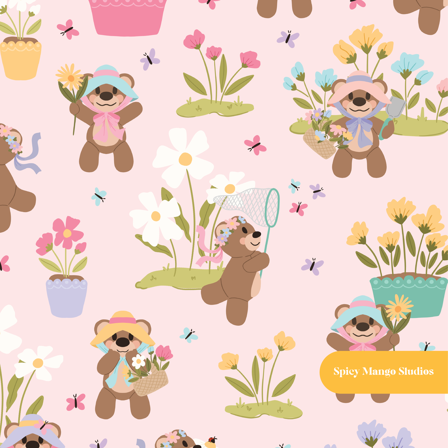 Pink Bear Garden Floral Seamless Pattern