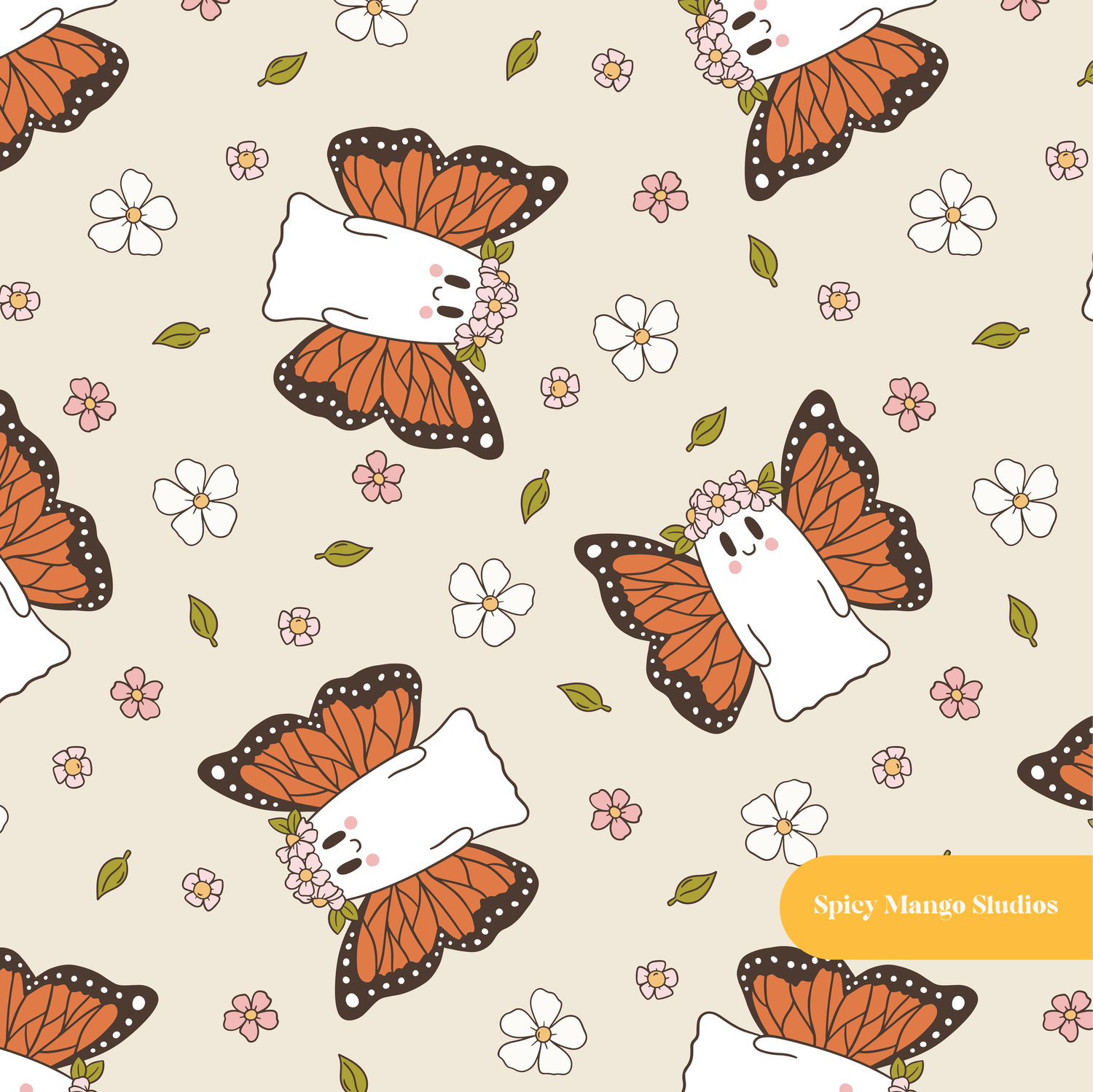Neutral Butterfly Ghosts Seamless Pattern