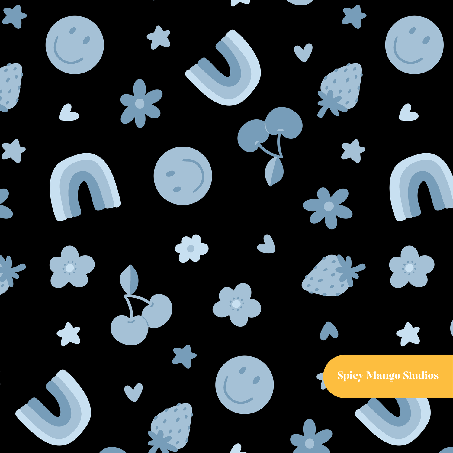 Black and Blue Bodhi Seamless Pattern