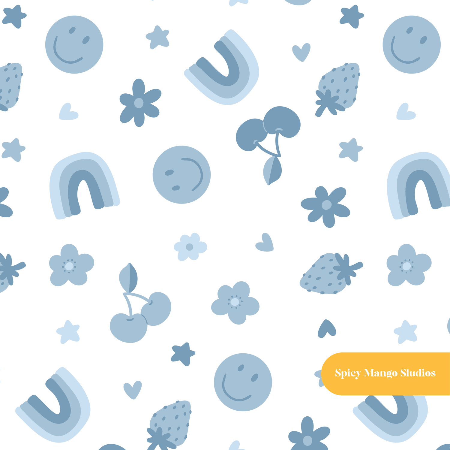 White and Blue Bodhi Seamless Pattern