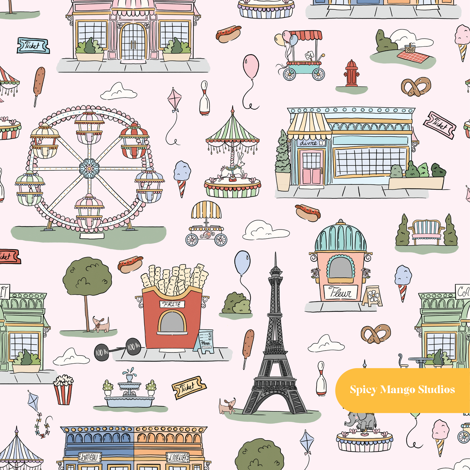 Pink Bonjour Paris Seamless Pattern – French Theme & Boutique Digital Download