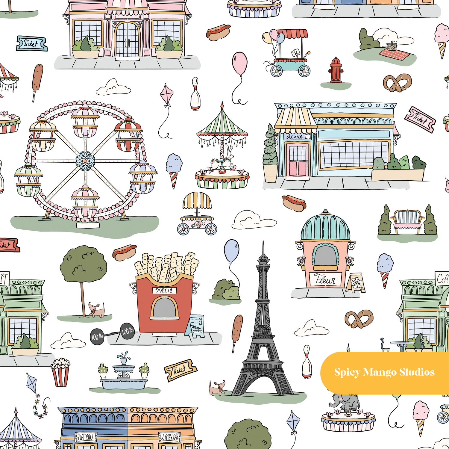 White Bonjour Paris Seamless Pattern – French Theme & Boutique Digital Download