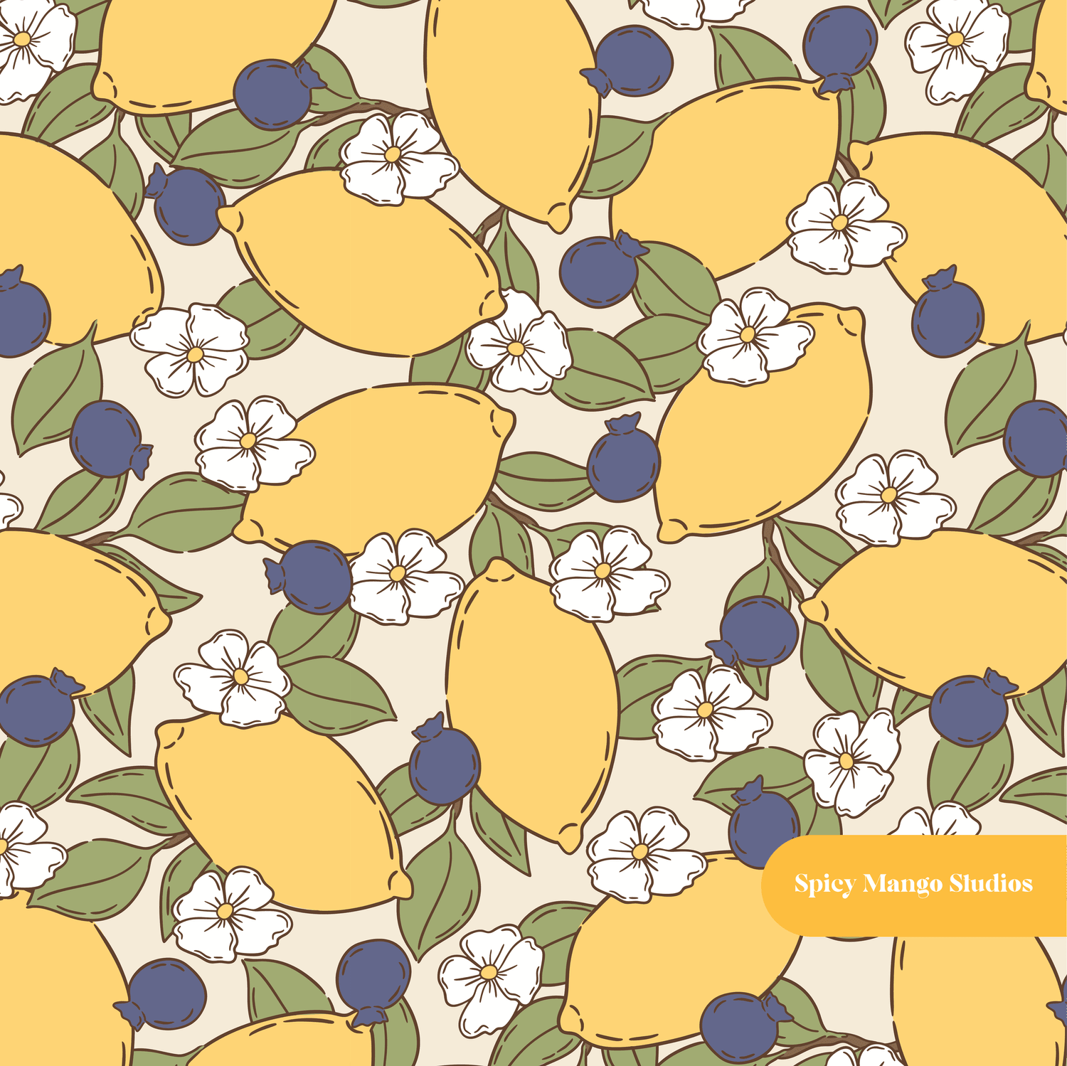 Neutral Blueberry Lemon Floral Seamless Pattern