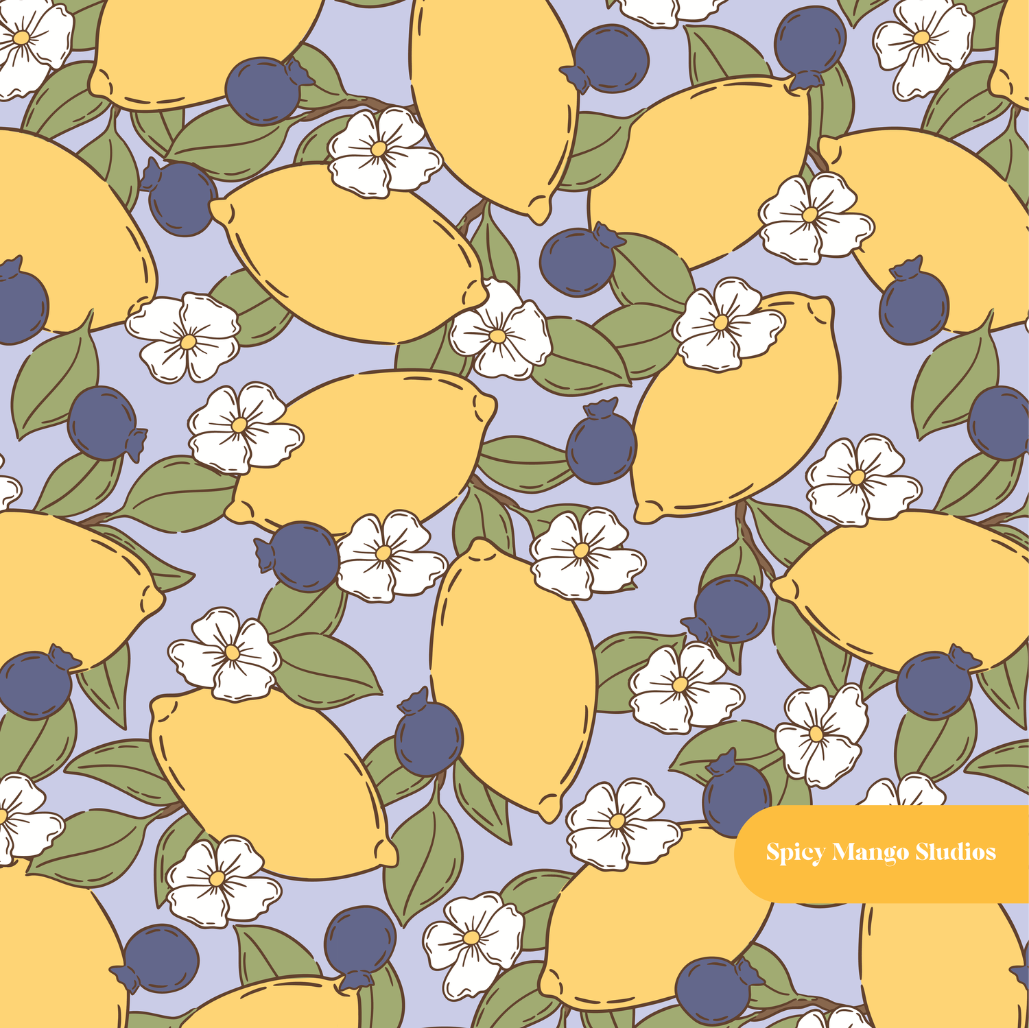 Periwinkle Blueberry Lemon Floral Seamless Pattern