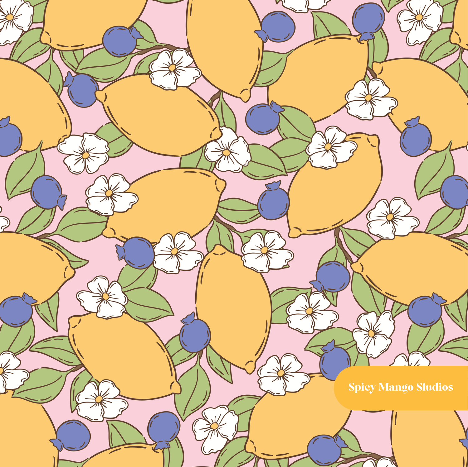 Pink Blueberry Lemon Floral Seamless Pattern
