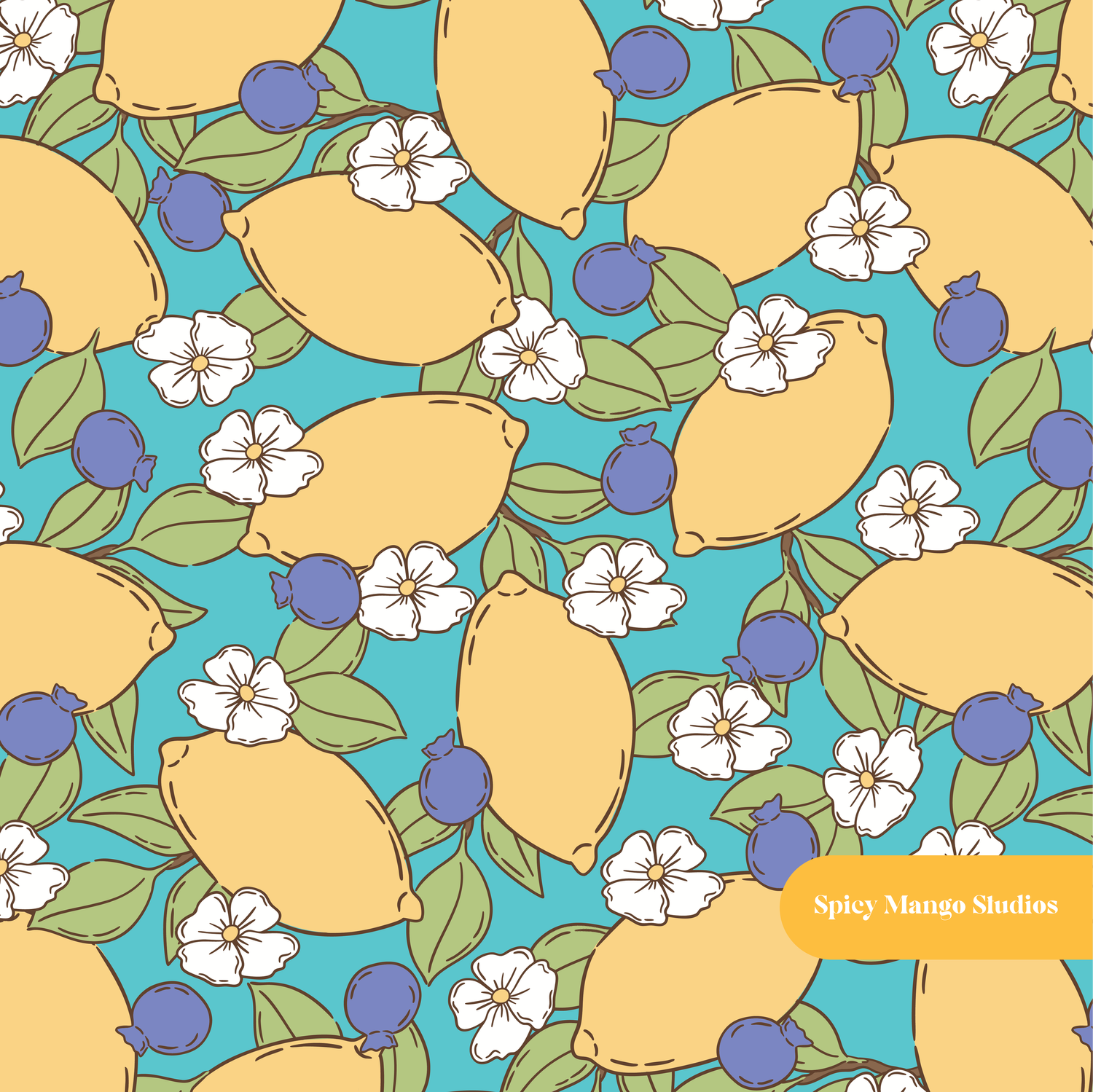 Teal Blueberry Lemon Floral Seamless Pattern