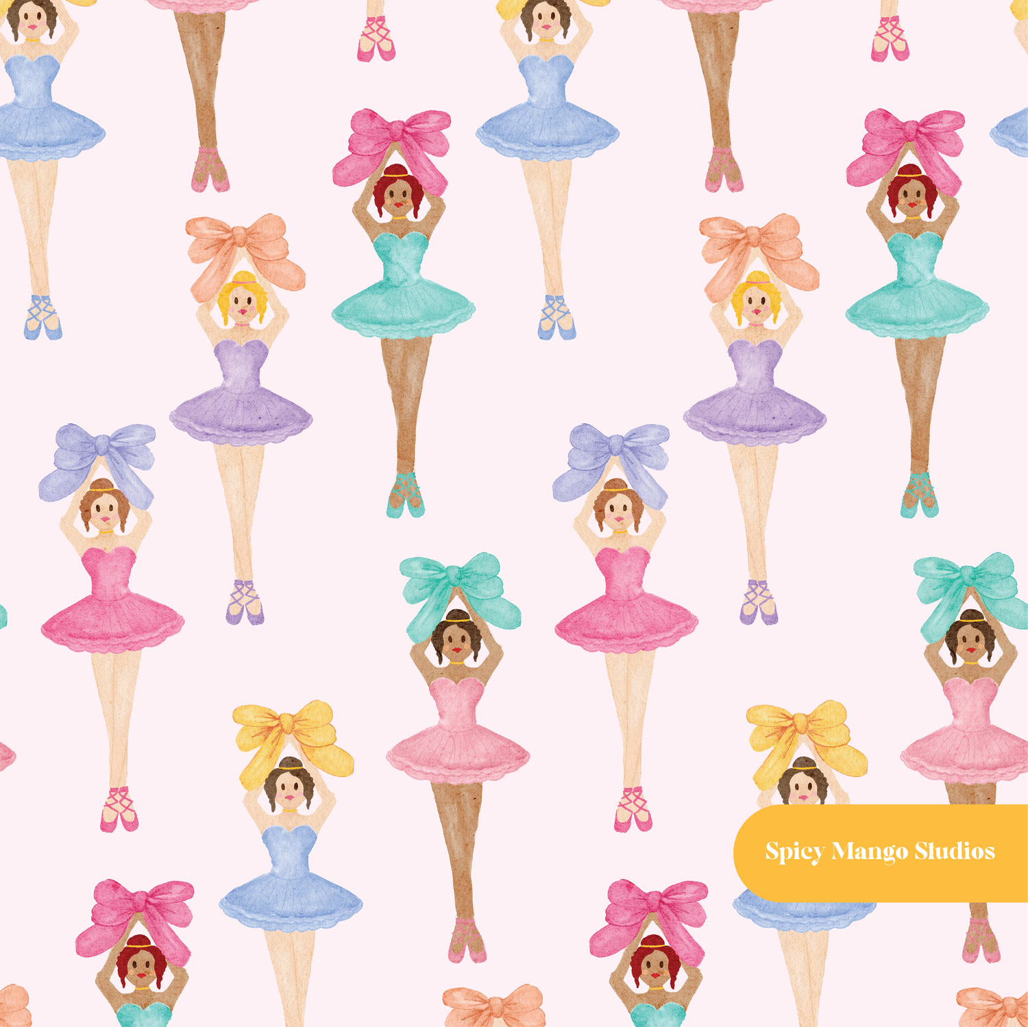 Ballerina Pink Watercolor Ballerina Bow Seamless Pattern